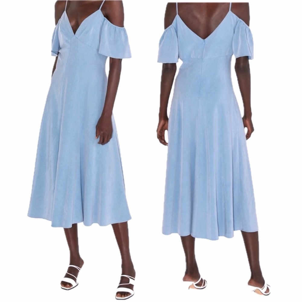 Zara Flutter Sleeve Midi Dress Size M Lyocell Chambray Cold Shoulder Empire